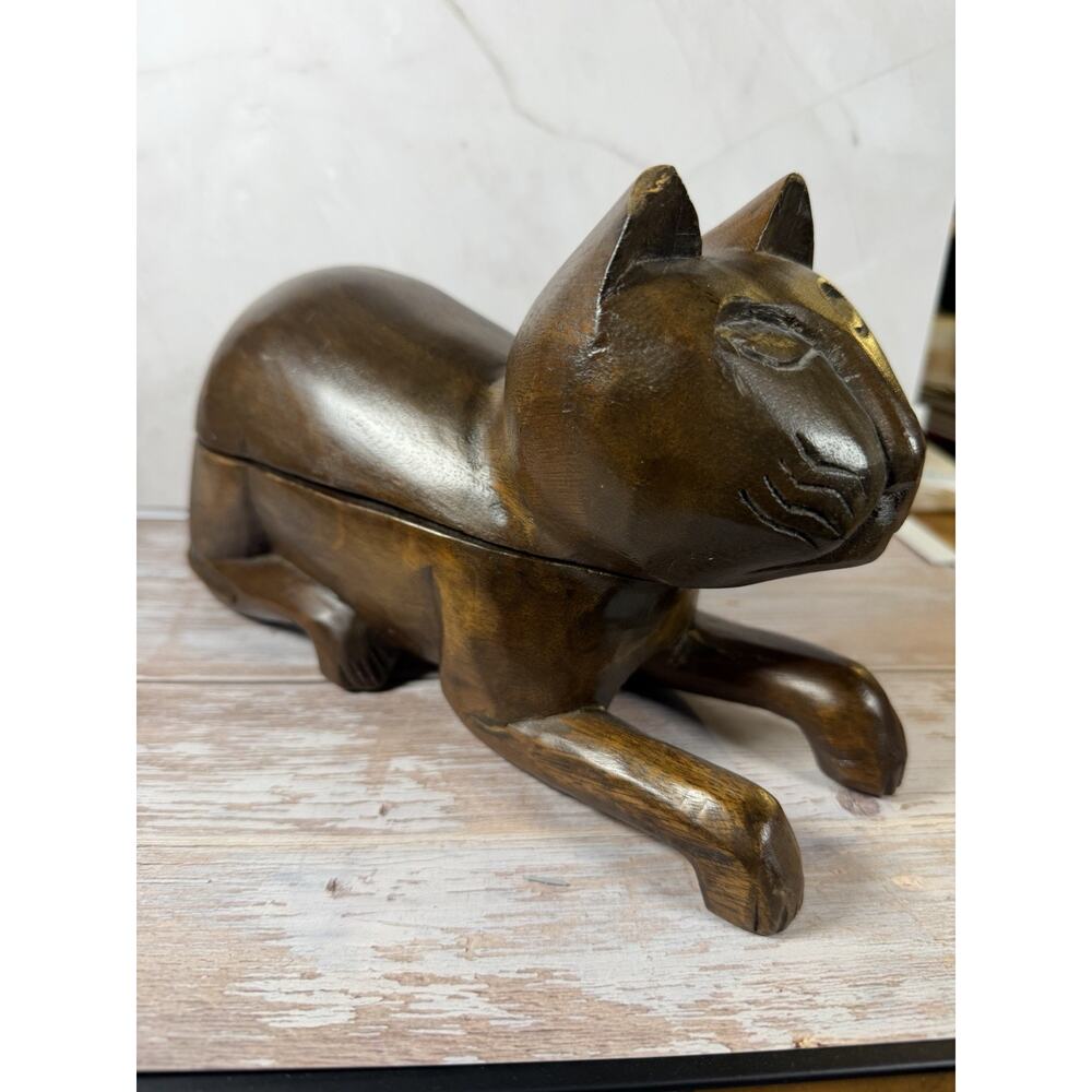 Pier 1 Wooden Cat Hidden Storage Trinket‎ Box Folk Art Wooden Eclectic MCM Art